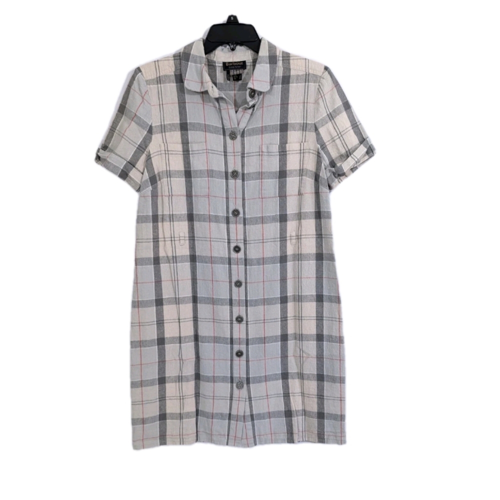Barbour Tartan Plaid Dress sz 8 Women Short Sleeve Button Front linen cotton